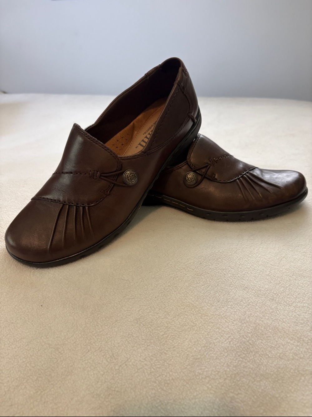 Cobb Hill Brown Leather Slip-Ons with Button Accent